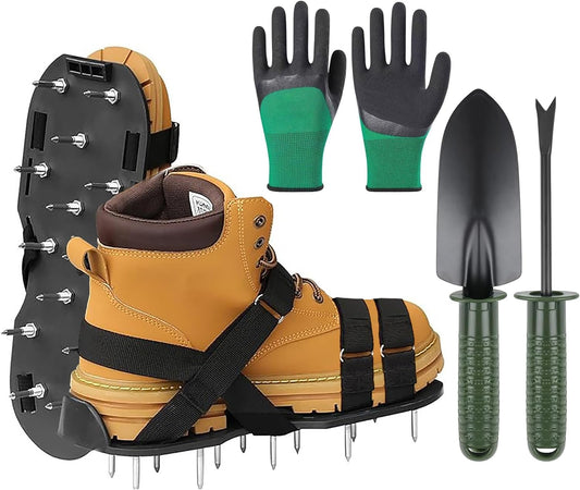Lawn Aerator Shoes, Spike Shoes for Self Levelling Floor, Heavy Duty Long Spiked Aerating Sandals for Yard Patio Garden Grass Lawn, with Gardening Gloves/ Stainless Steel Shovels Clearing Away Debris