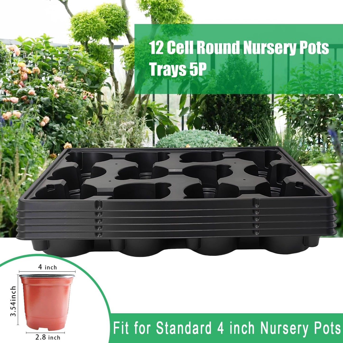 12 Cell Round Nursery Trays Thickened Durable Seedling Pots Shuttle Carrying Trays for Holding 4 inch Pots (16.85" 12.6", 5-Pack)