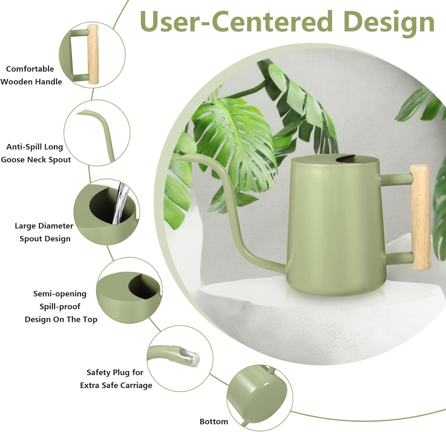 Watering Can Indoor Plants, 35oz Small Indoor Stainless Steel Metal Watering Can Modern Decorative Watering Pot with Long Spout for Indoor House Plant Bonsai Garden Flowers (Sage Green)