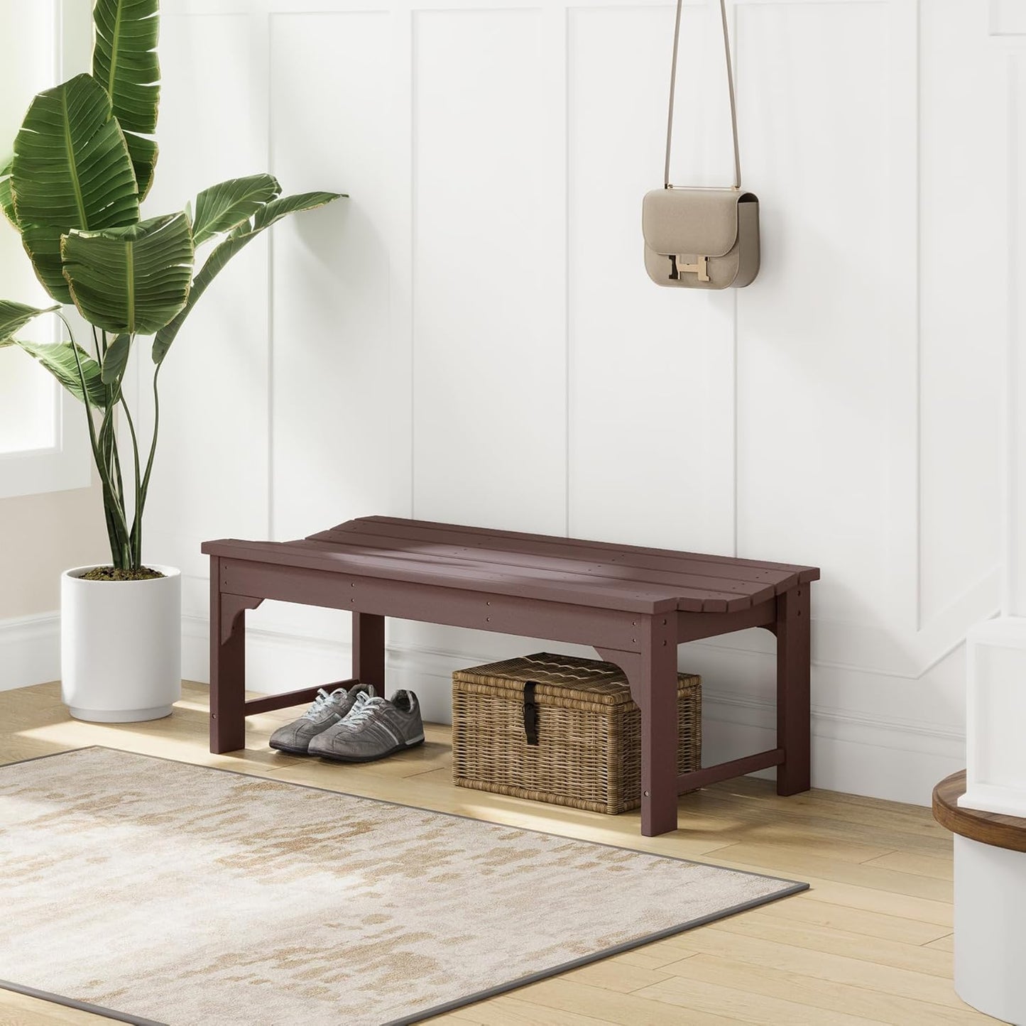 Outdoor Benches Weatherproof, All Weather Resistant Park Bench Poly Lumber Backless Garden Bench Seat for Entryway Front Porch, Dark Brown