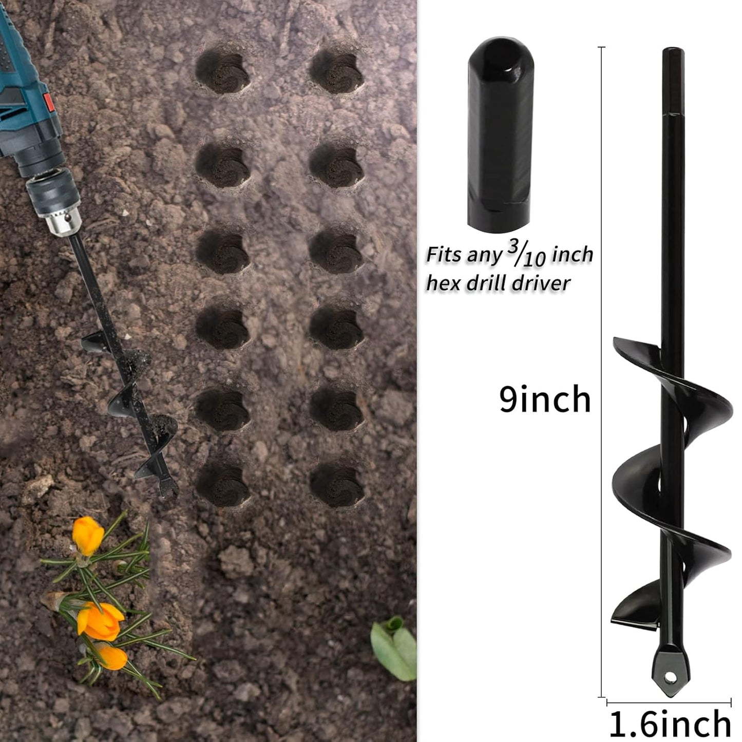 Garden Auger Drill Bit for Planting – 1.6x9 Inch Garden Auger,Rapid Planter Bulb & Bedding Plant Auger for 3/8" Hex Drive Drill – Ideal Bulb Planter Tool for Tulips