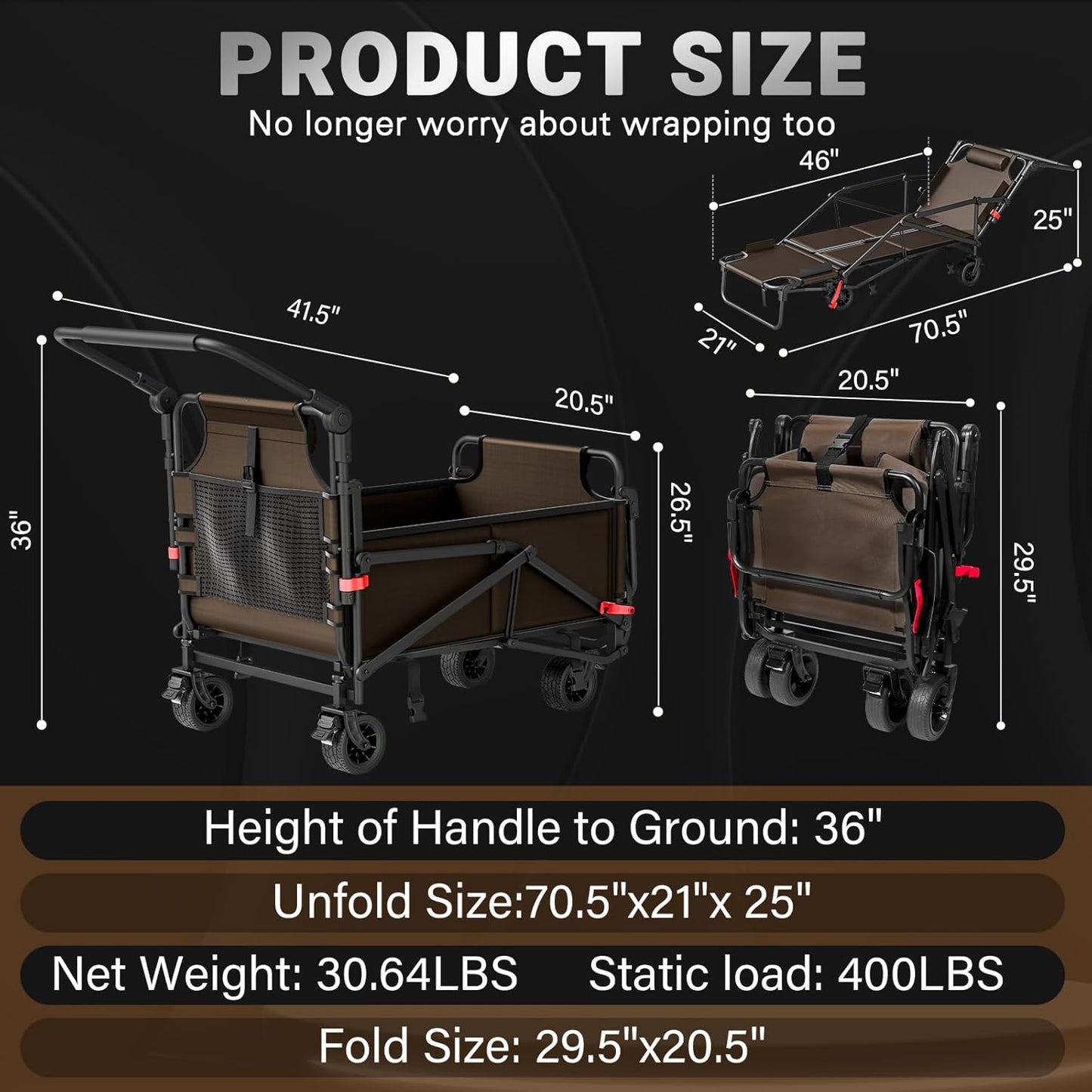 LEVELEVE Heavy Duty Folding Wagon - 2-in-1 Collapsible Cart, 400lb Capacity, All-Terrain Wheels w/Brakes & Side Pockets (Brown)