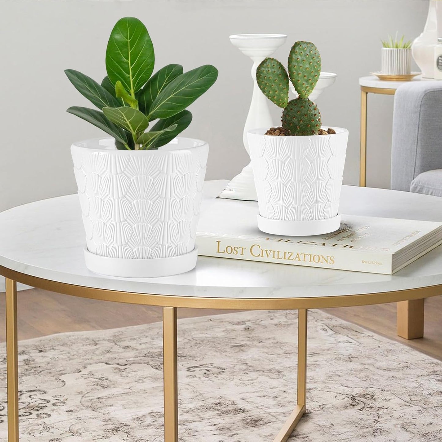 EFISPSS Ceramic Plant Pots, 5+6 Inch Pots for Indoor Plants, Planters with Drainage Holes and Tray, Modern Flower Pots Gardening Home Desktop Office Windowsill Decoration Gift Set of 2 - White