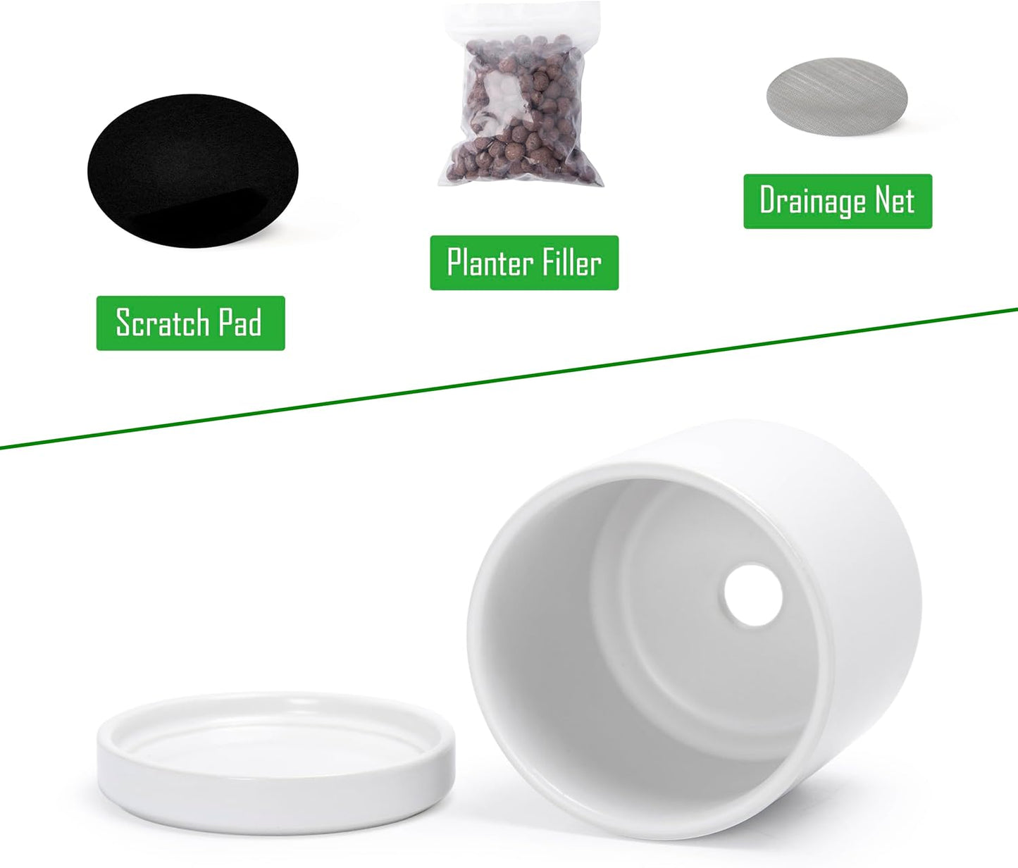 D'vine Dev 3.5 Inch Ceramic Planter Pot with Drainage Hole and Saucer, Indoor Cylinder Round Planter Pot, White, 94-O-A-1