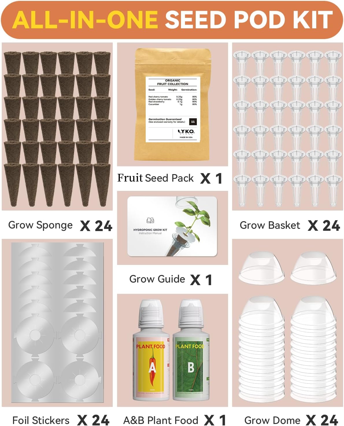 Fruits Seed Pod Kit for AeroGarden, Ahopegarden, iDoo, GARDENCUBE, MUFGA with Strawberry, Cucumber, Red/Golden Cherry Tomato, Compatible with All Indoor Hydroponics Growing System, 24-Pod