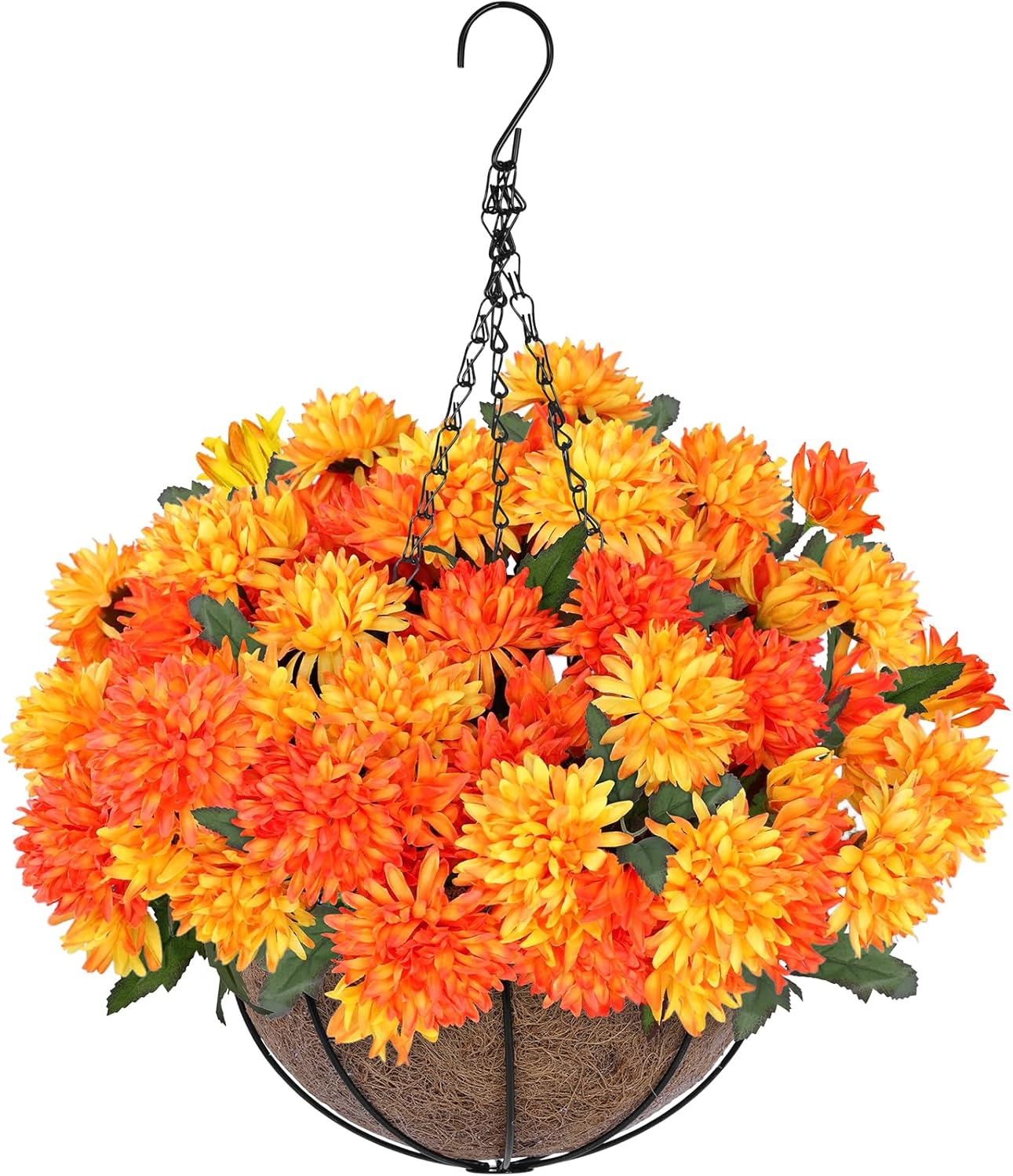Artificial Faux Fall Mums Hanging Flowers Plants Basket for Outdoor Decor, 75 UV Resistant Fake Silk Orange Yellow Daisy in Planter Real Look for Autumn Porch Home Patio Garden Yard Decoration