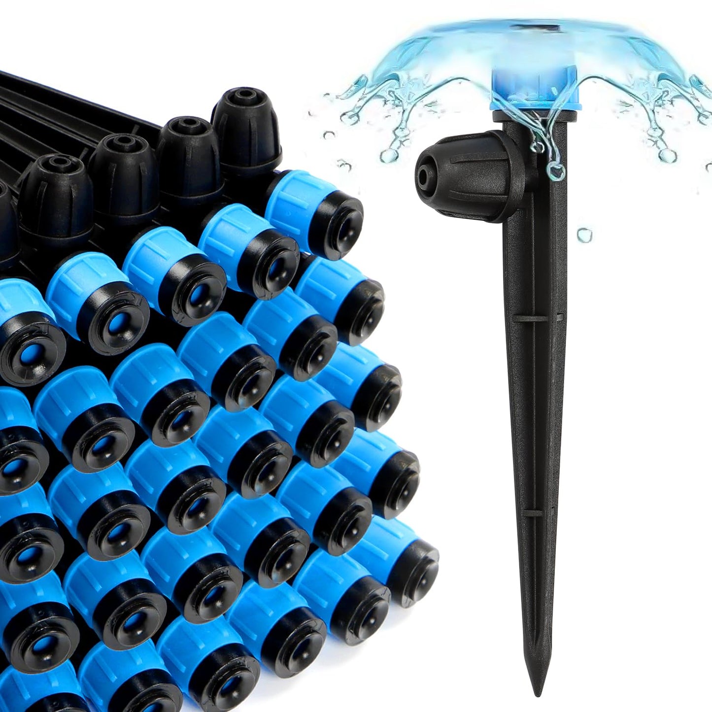50 Pieces Drip Emitters for 1/4" Drip Irrigation Tubing, Adjustable 360 Degree Vortex Drip Emitters with Stake 360° Full Circle Fan Shape Pattern Garden Irrigation Micro Drippers