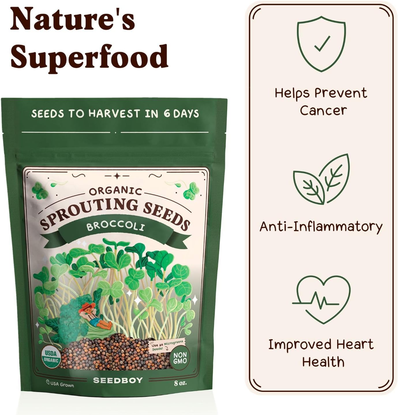 Seedboy Organic Broccoli Seeds for Sprouting - Non-GMO, USA Grown Microgreens Sprouting Seeds Mix - Makes 8 Quarts of Sprouts, 24 Servings (8 oz) (Di Cicco Broccoli)
