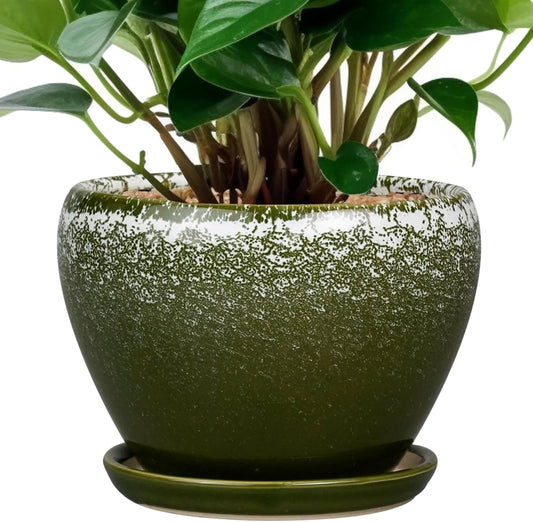 6 Inch Plant Pot - Ceramic Planter Pot with Drainage Hole and Saucer, Glaze Succulent Pot Modern Round Flower Pot for Indoor Plants, Dark Green