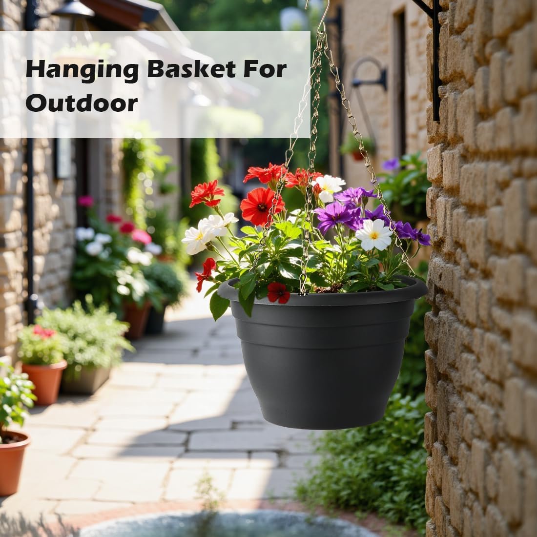 Hanging Planters 10 Inch, 4 Pcs Flower Pots with Drainage Hole, Self Watering Hanging Basket for Indoor Outdoor Plants, Decor, Gray