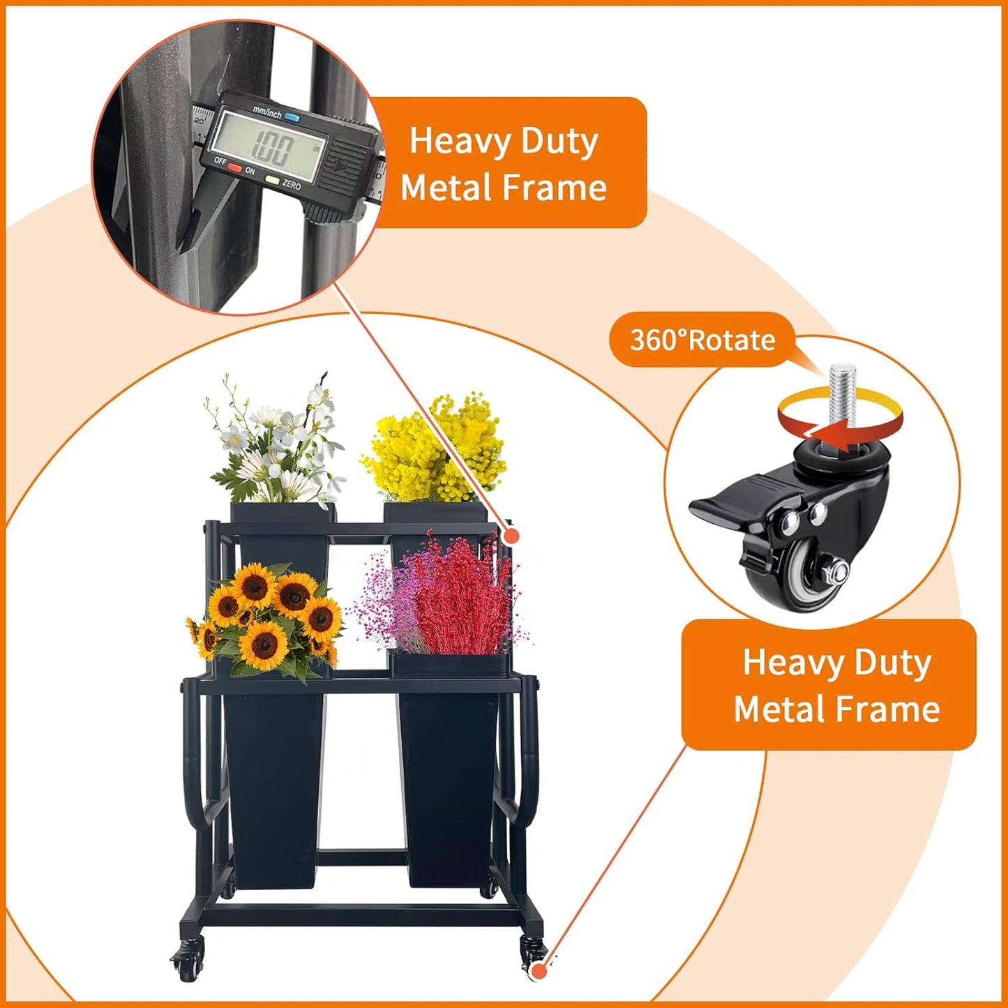Tongmo 2-Tier Flower Display Stand with 4 Buckets - Movable Plant Cart for Heavy Duty Flower Rack - Perfect for Flower Shops, Homes, Cafés, and Offices (2-Tier with Bucket)