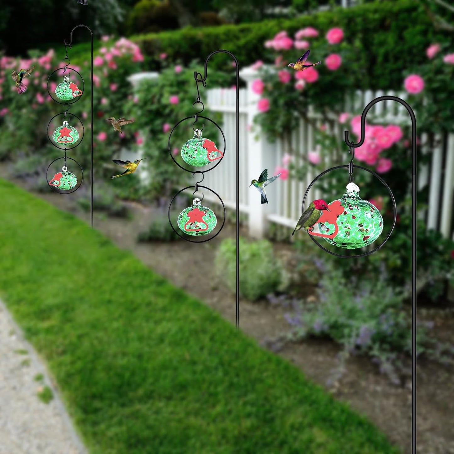 Flexible 6 Pack Hummingbird feeders for Outdoors Hanging Ant and Bee Proof,Detachable Hand Blown Glass Hummingbird Feeder with 6 Adjustable Silicone Perch(Green)