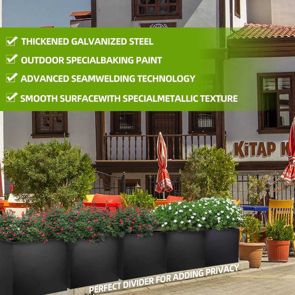 Metal Tall Long Planter Box Large Rectangular Planter Flower Pot with Drainage Holes for Indoor Outdoor Deck Porch Garden Home Patio Front Door (Black, M)