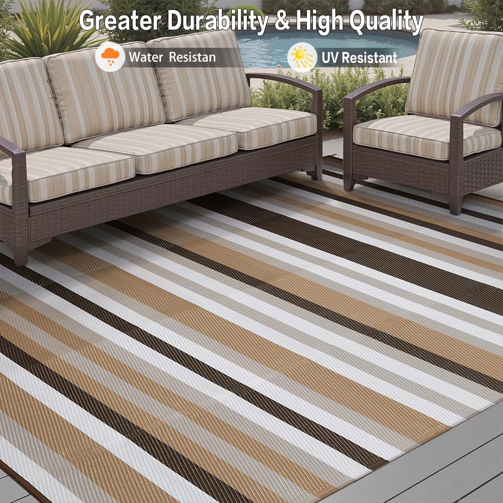 Outdoor Waterproof Rug 6'x9' Plastic Straw Rugs Washable Reversible Floor Mat Brown Stripe Carpet for Camping RV Deck Entryance Porch Picnic Balcony Beach Backyard