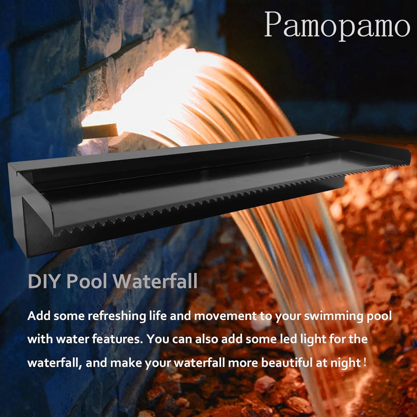 Pond Waterfall Spillway Pool Fountain Water Feature, Black Stainless Steel Outdoor Fountains, Swimming Pool Water Flow Waterfalls Kit for Garden Patio Ponds-35.4"x7.8"x3.9"(NO Light)