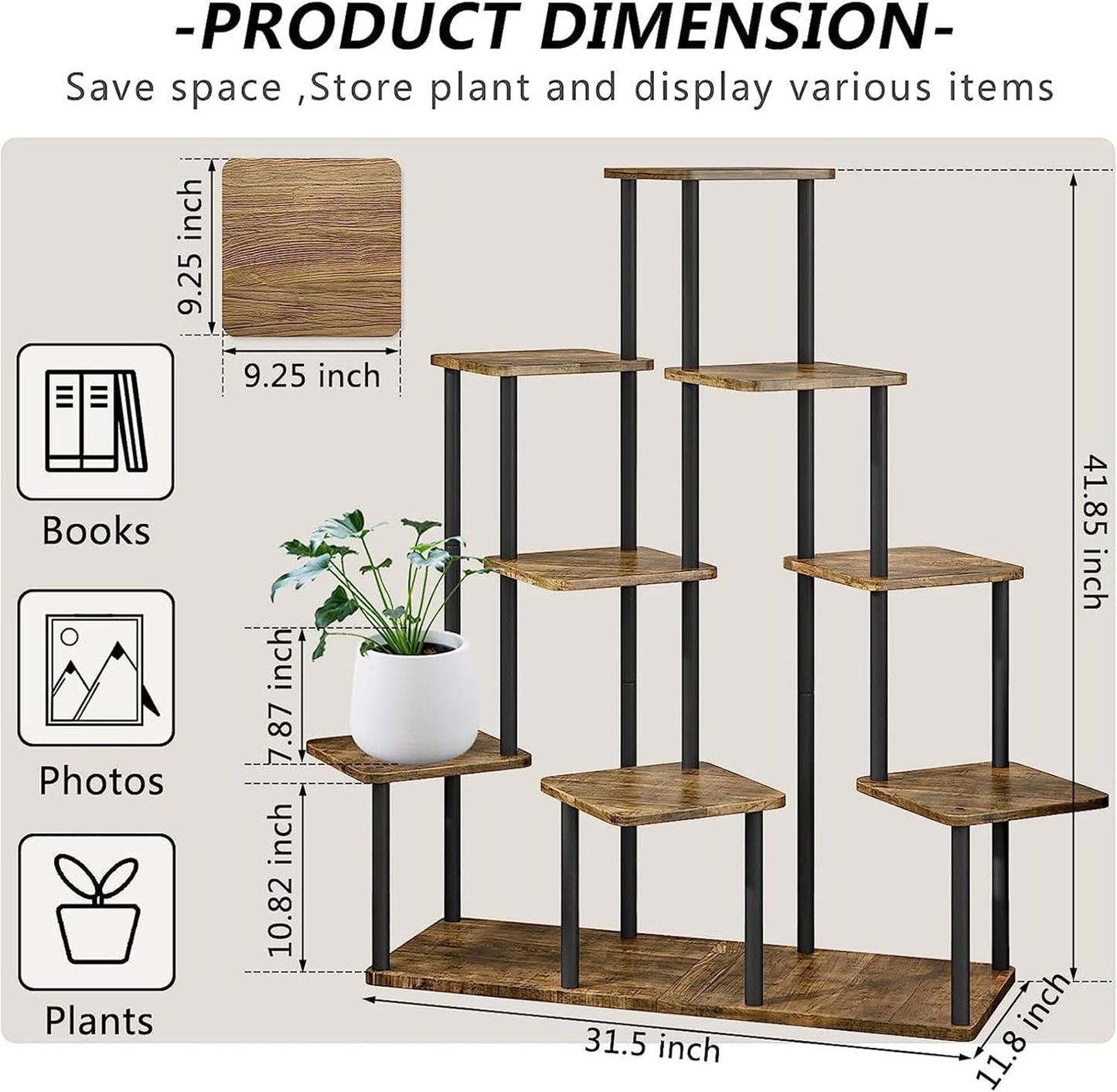 9 Tier Wood Tall Plant Stand Metal Rack Indoor, Multiple Flower Pot Holder Shelves Corner Rack, Planter Shelf Display Rack Storage Organizer for Patio Living Room Balcony Garden(Black)