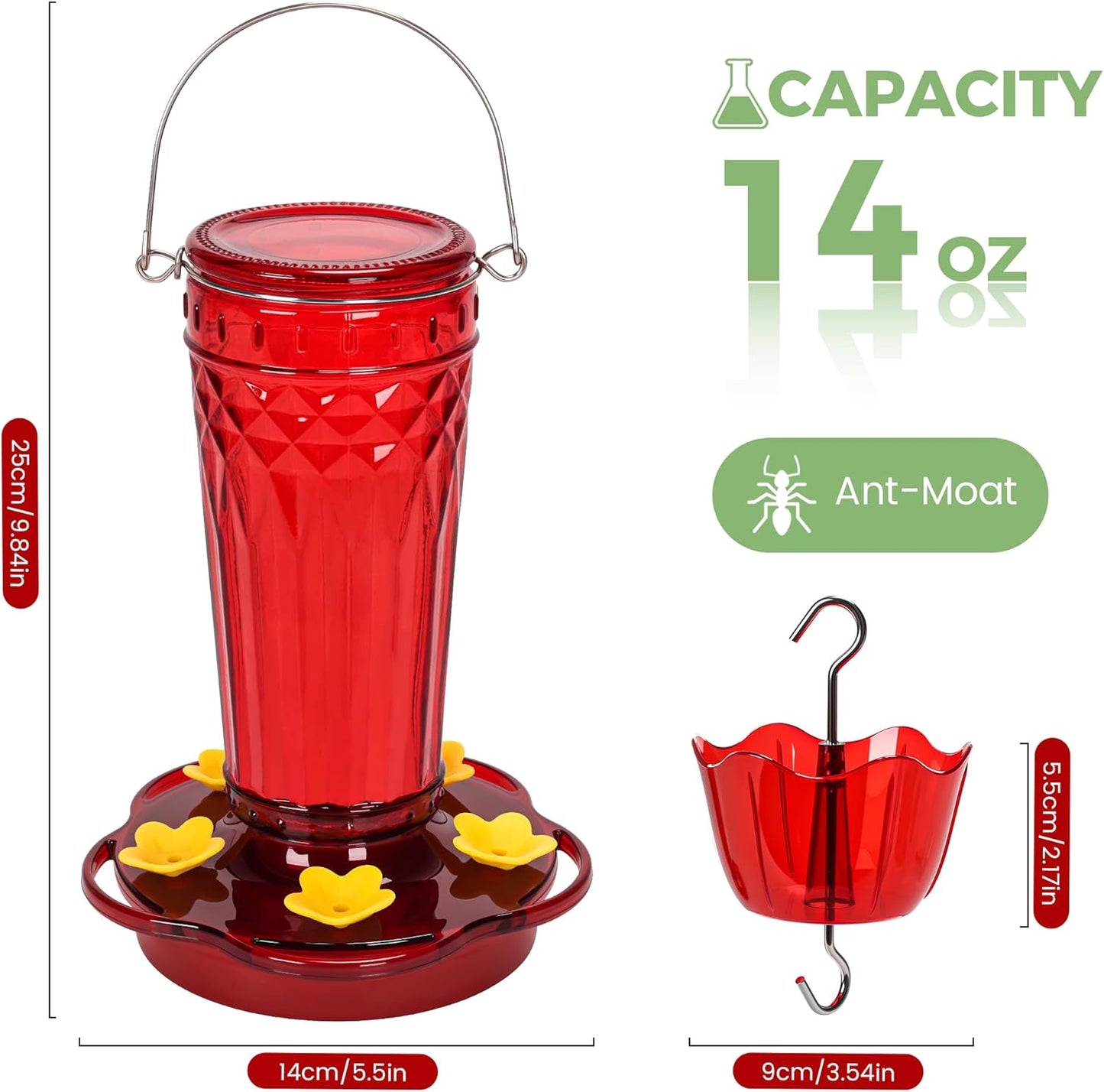Hummingbird Feeder 2pack-14Ounces，5 Feeding Ports Glass Hummingbird feeders for Outdoors,Wide Mouth for Easy Filling/Cleaning，Hanging for Garden Backyard Decor, Includes Ant Moat (Red)