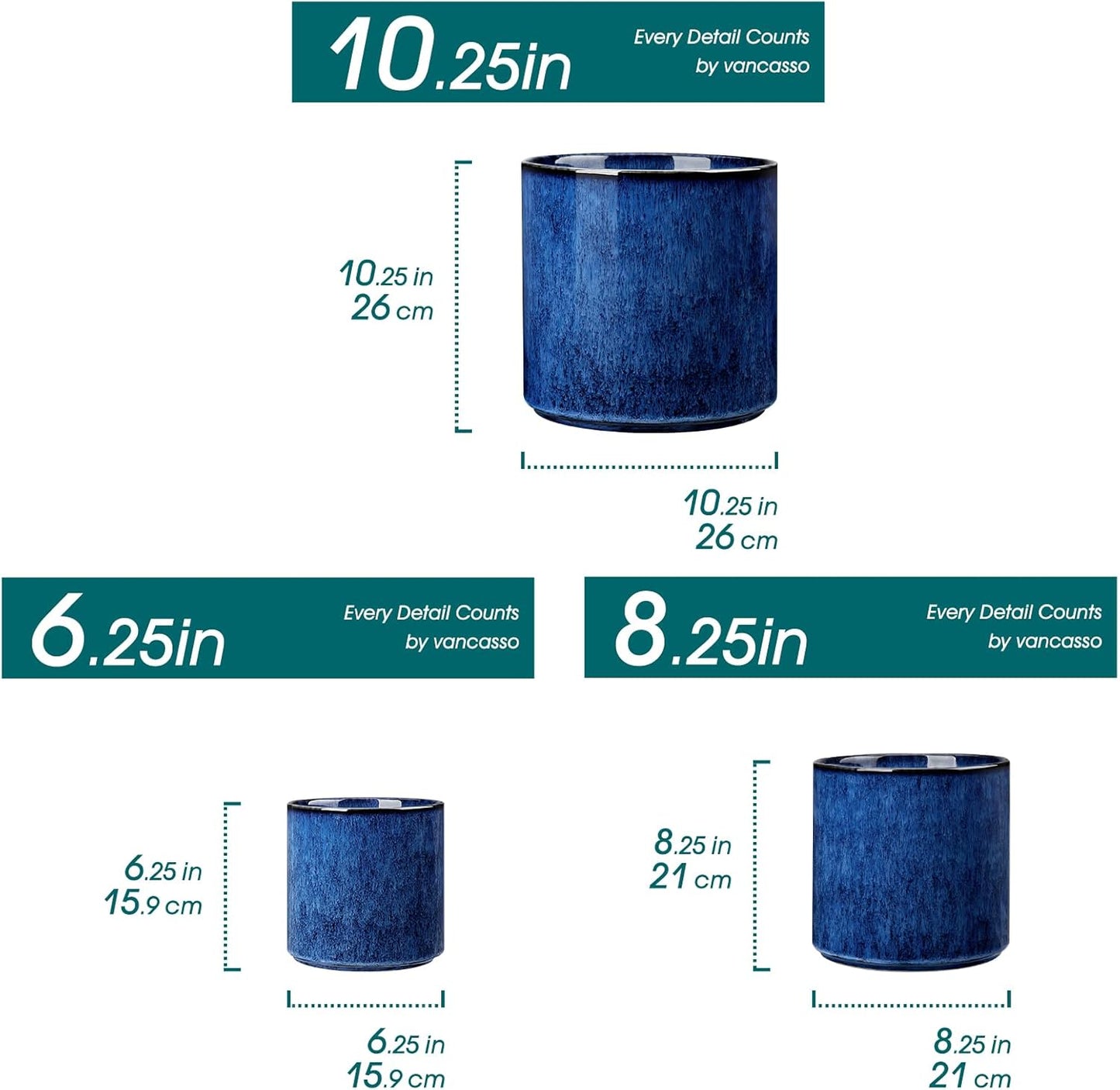 vancasso 6"+8"+10" Ceramic Pot for Plants, Large Outdoor Indoor Planter Pots with Drainage Holes, Set of 3, Blue