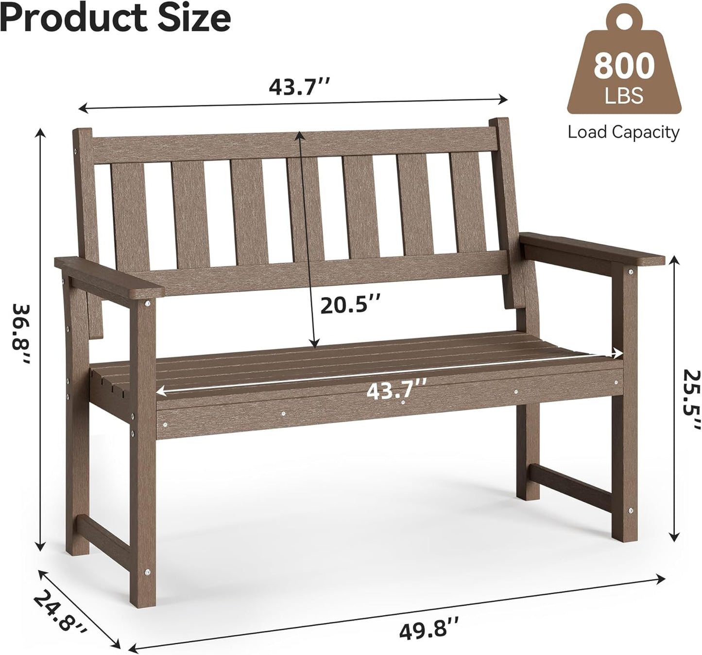 HDPE Memorial Bench – 50'' Weatherproof Durable Outdoor Bench, 2-Person Park Bench, Easy to Move, Multi-Purpose Design Ideal for Porch, Patio, Church, and School (Brown)