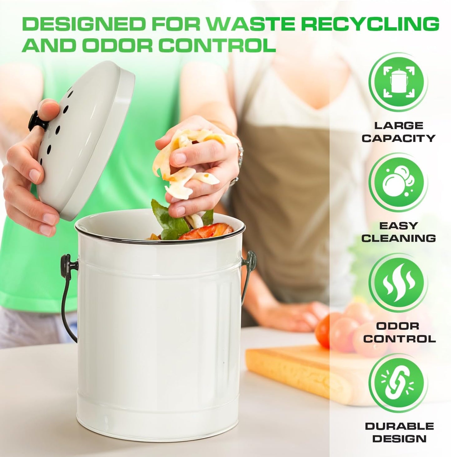 Plexon Countertop Compost Bin Kitchen Indoor with Lid, Off-White 1.5 Gallon Odorless Container, Steel Food Compost Bucket for Kitchen with Charcoal Filter, Compost Pail Countertop