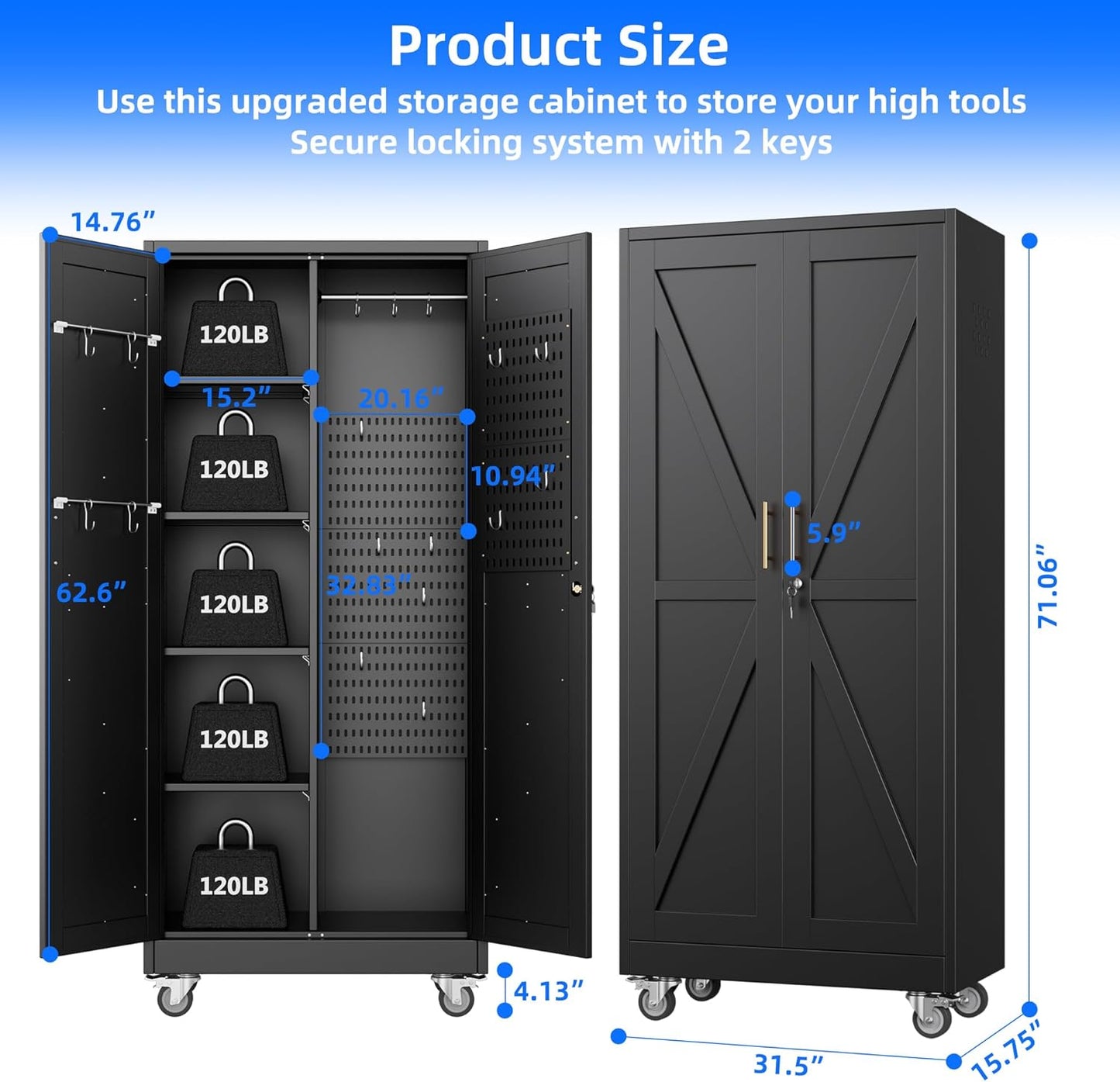31.5 in Wide Garage Storage Cabinet, Metal Tool Cabinet with 4 Adjustable Shelves, Garage Storage System with Lockable Door for Offices, Gyms and Pantries, Black