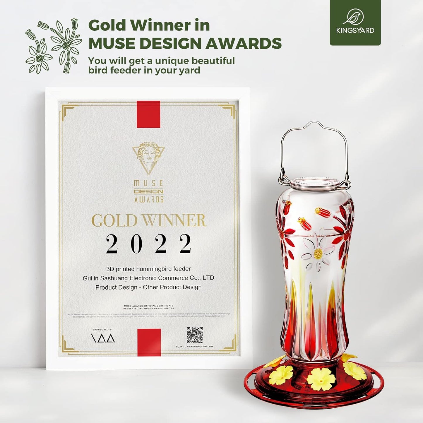 Kingsyard 2 Pack Glass Hummingbird Feeders for Outdoors Hanging, Hummingbird Nectar Feeder with Ant Moat & 6 Feeding Ports, 25 Oz Leak Proof, Red