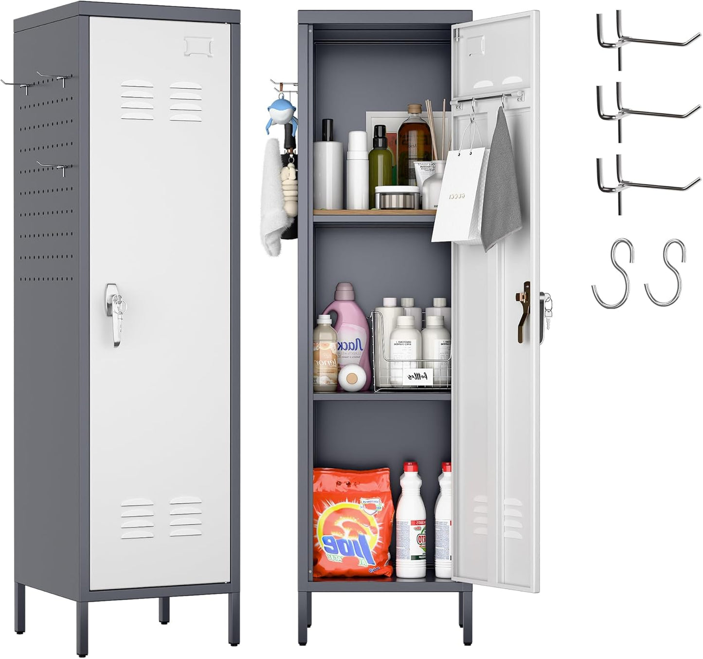 METAN Metal Storage Lockers with Handle Lock and 2 Adjustable Shelves,Office Storage Locker with Pegboards and Hooks,Assembly Required,Grey White