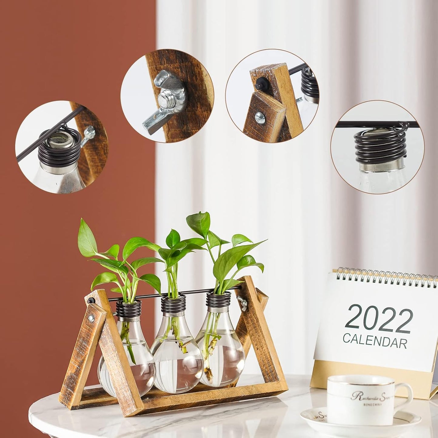 Marbrasse Plant Propagation Stations with Wooden Stand, Desktop Plant Terrarium Holder Bulb Vase, Glass Vase Container with Metal Swivel Holder for Hydroponics of Home Garden Office Decor Lover Gifts