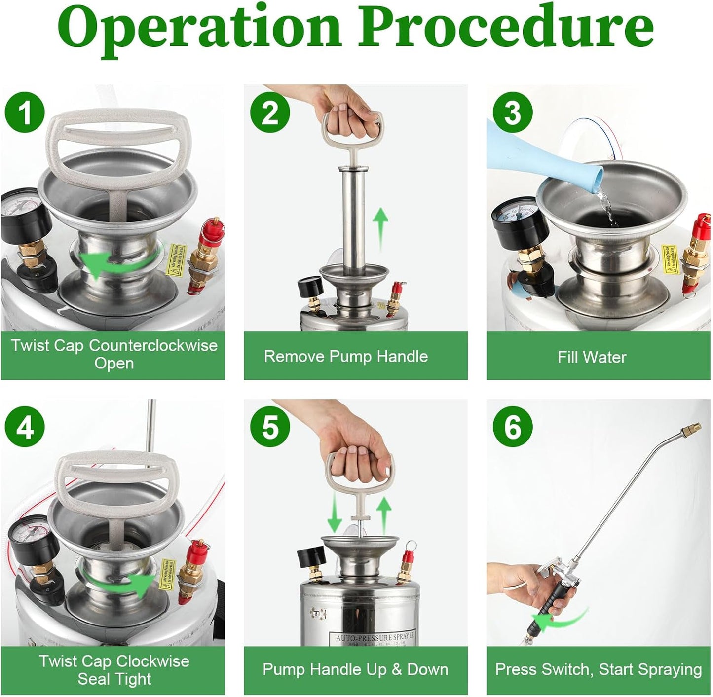 Stainless Steel Sprayer 3 Gallon - Steel Hand-Pump Sprayer, with 3.3-inch Reinforced Hose - Garden Sprayer for Home, Gardening, Ground Cleaning(3Gallon)