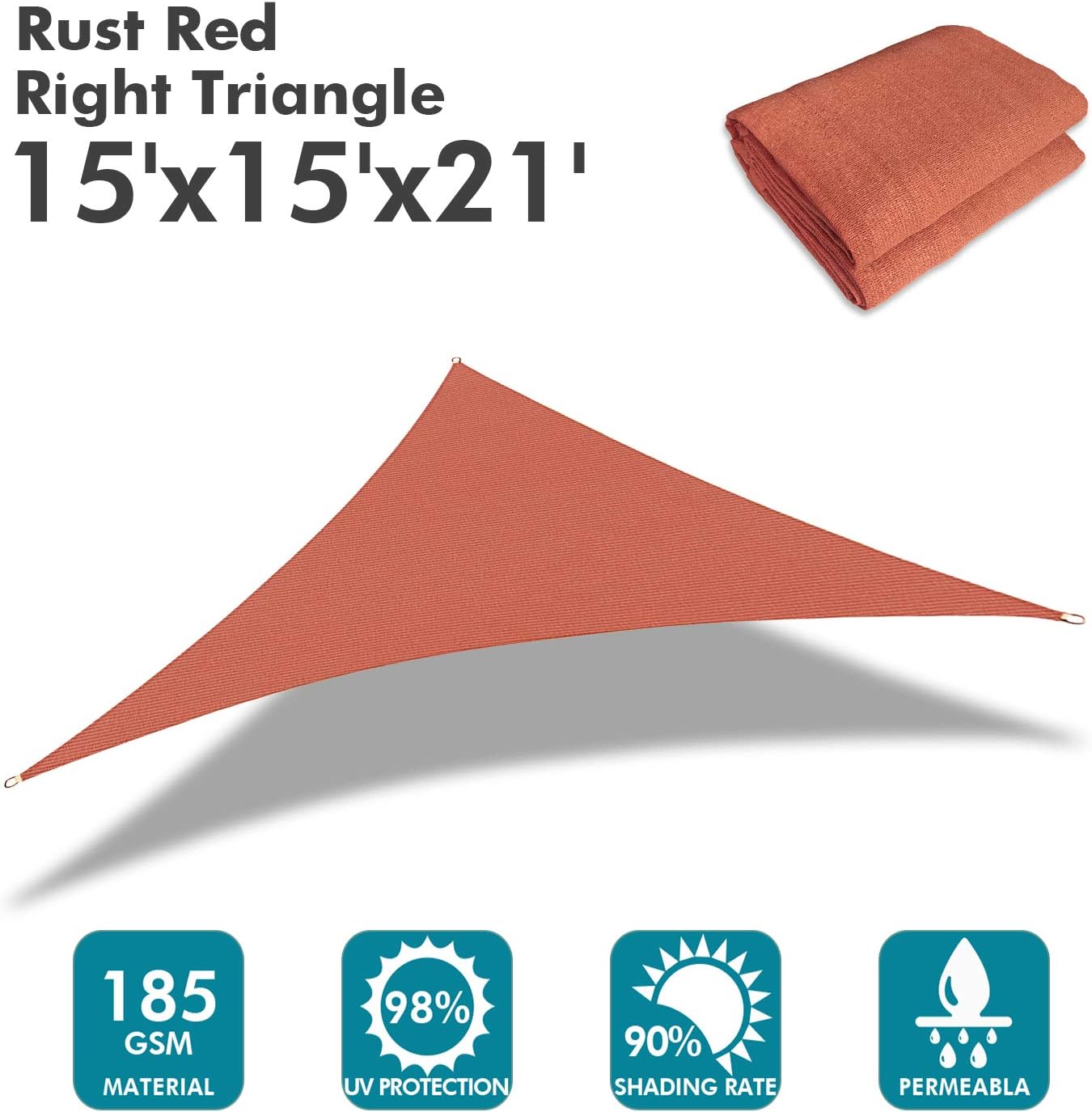 KANAGAWA Sun Shade Sail 15'x15'x21' Rust Red Triangle UV Block Canopy Cover for Patio Backyard Lawn Garden Outdoor Activities