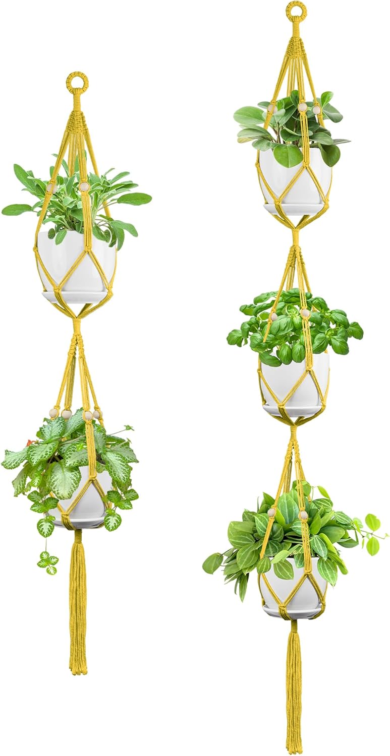 USLAI Macrame Plant Hanger Indoor Outdoor, Up to 4-15 inch Pot, Heavy 20lb Planters, Extra Long Strong Hanging Planter Basket Holder, Boho Home Decor, 49+72 Inch, Yellow (POTS NOT Included)