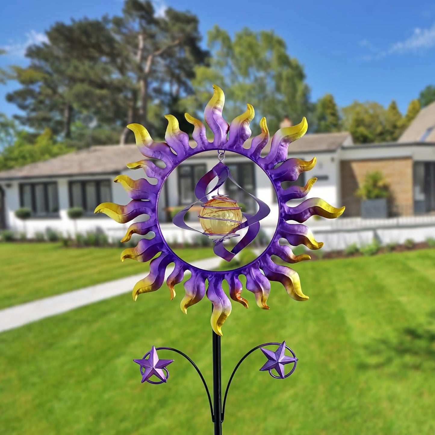 60 in Solar Wind Spinners for Yard and Garden, Sun and Stars Wind Sculptures Outdoor Clearance Kinetic Windmills with 360° Rotating Solar Lamp Ball for Patio, Lawn Xmas Garden Decor