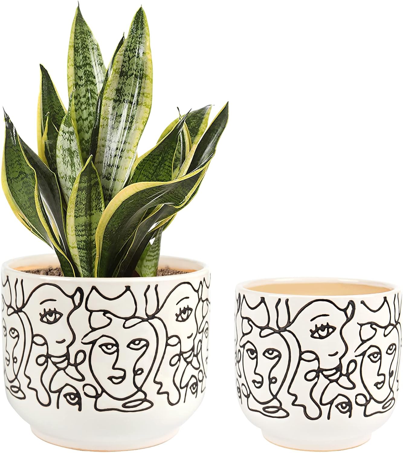 Docrin Plant Pots Indoor with Drainage : 6.6+5.4 Inch Ceramic Flower Pots for Plants - Set of 2 Modern Decorative Face Planters for House/Office/Gift - /Black and White