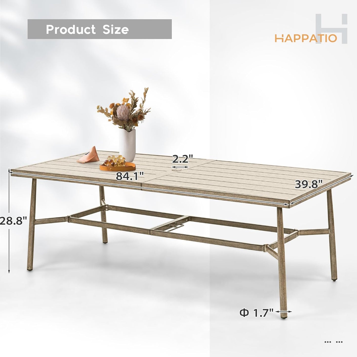 HAPPATIO Patio Table for 8, Large Modern Rectangle Outdoor Dining Table with Umbrella Hole and Adjustable Feet, All Weather Aluminum Patio Table for Garden, Backyard and Poolside, Brown