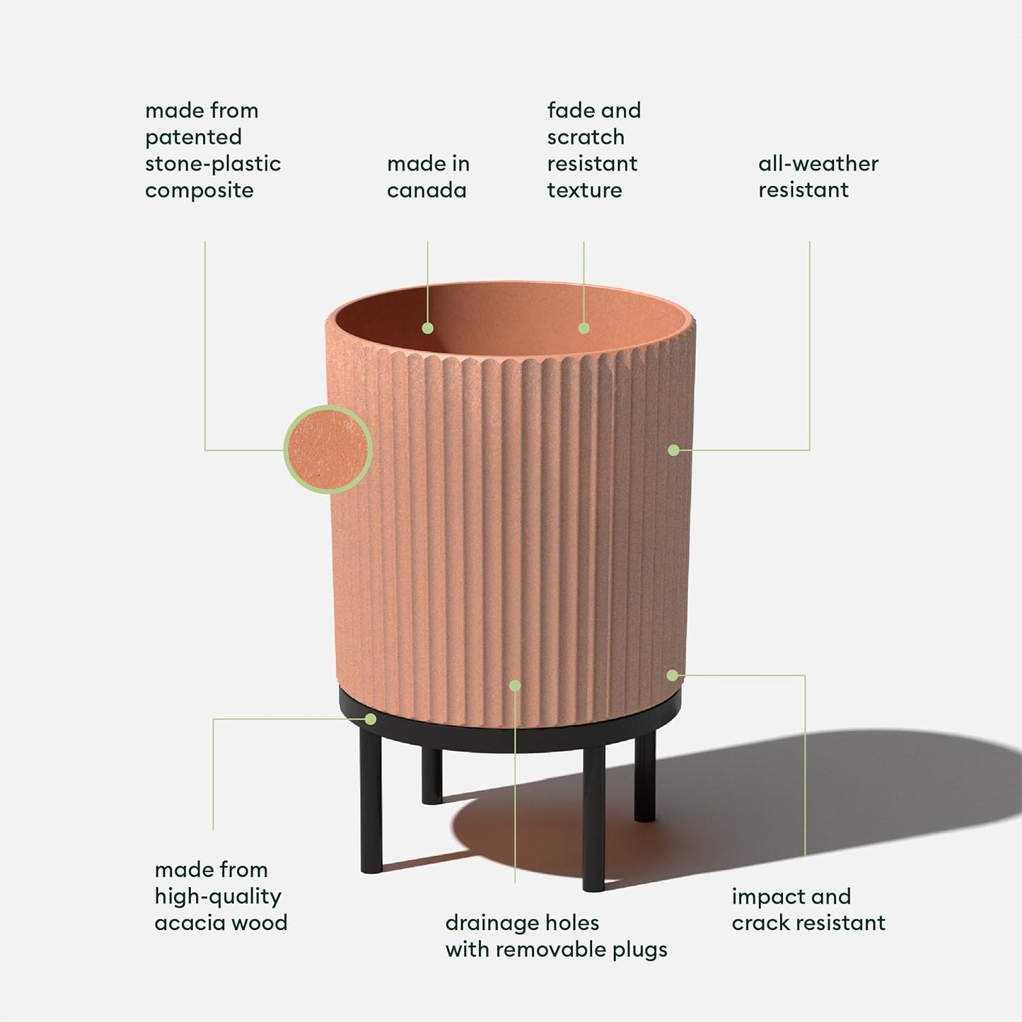 Veradek Demi Series Round Planter w/Stand for Porch/Patio | Durable Plastic-Stone Composite & Wooden Stand | Modern Décor for Tall Plants, Flowers