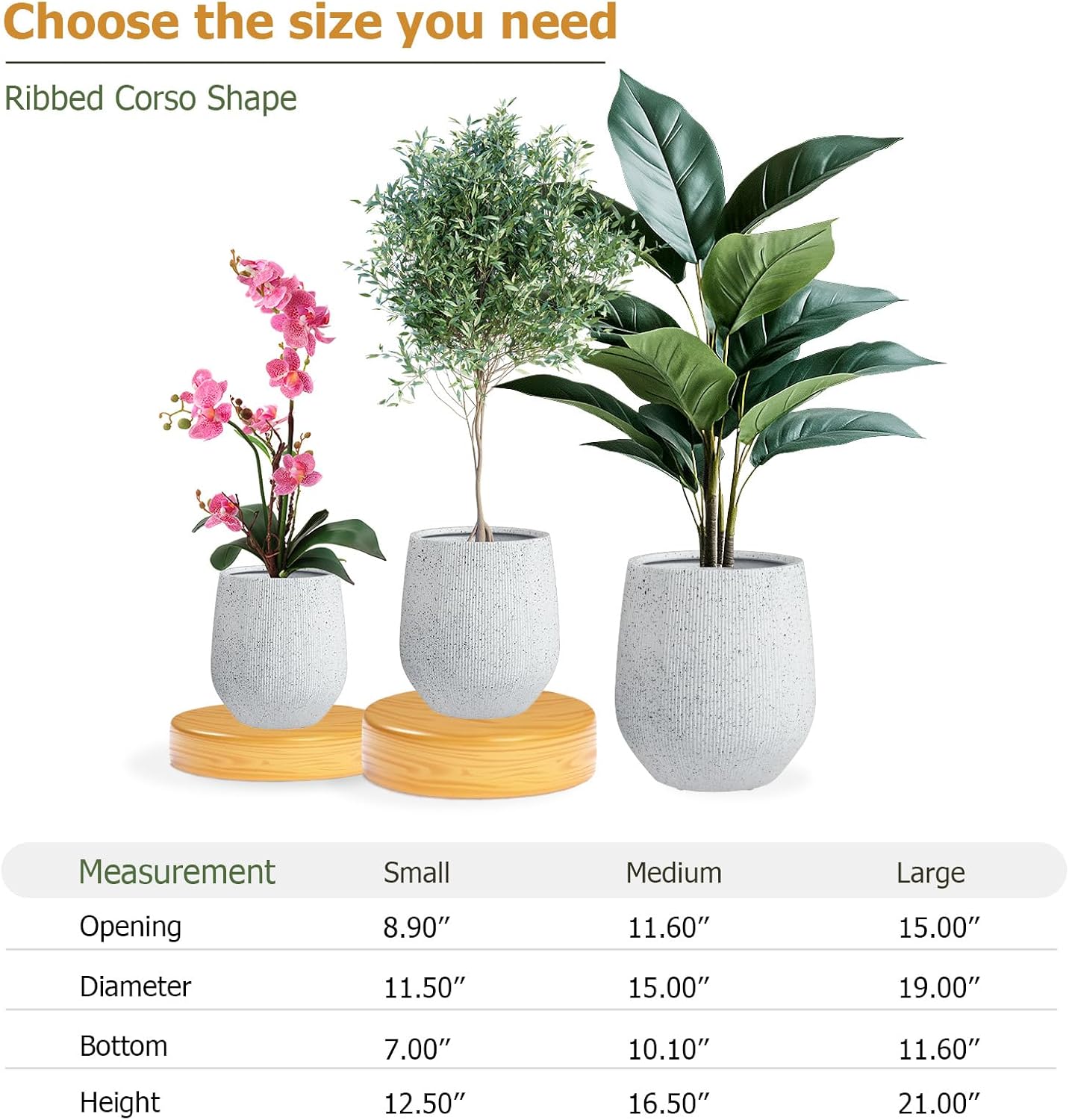 12.5" H x 11.5" D Ribbed Corso Fiberstone Round Planter with Drainage Hole, Weather Resistant, Indoor and Outdoor Use, Included 2 Extra Coco Mats (Ribbed Speckled White, 9" Pot Opening)