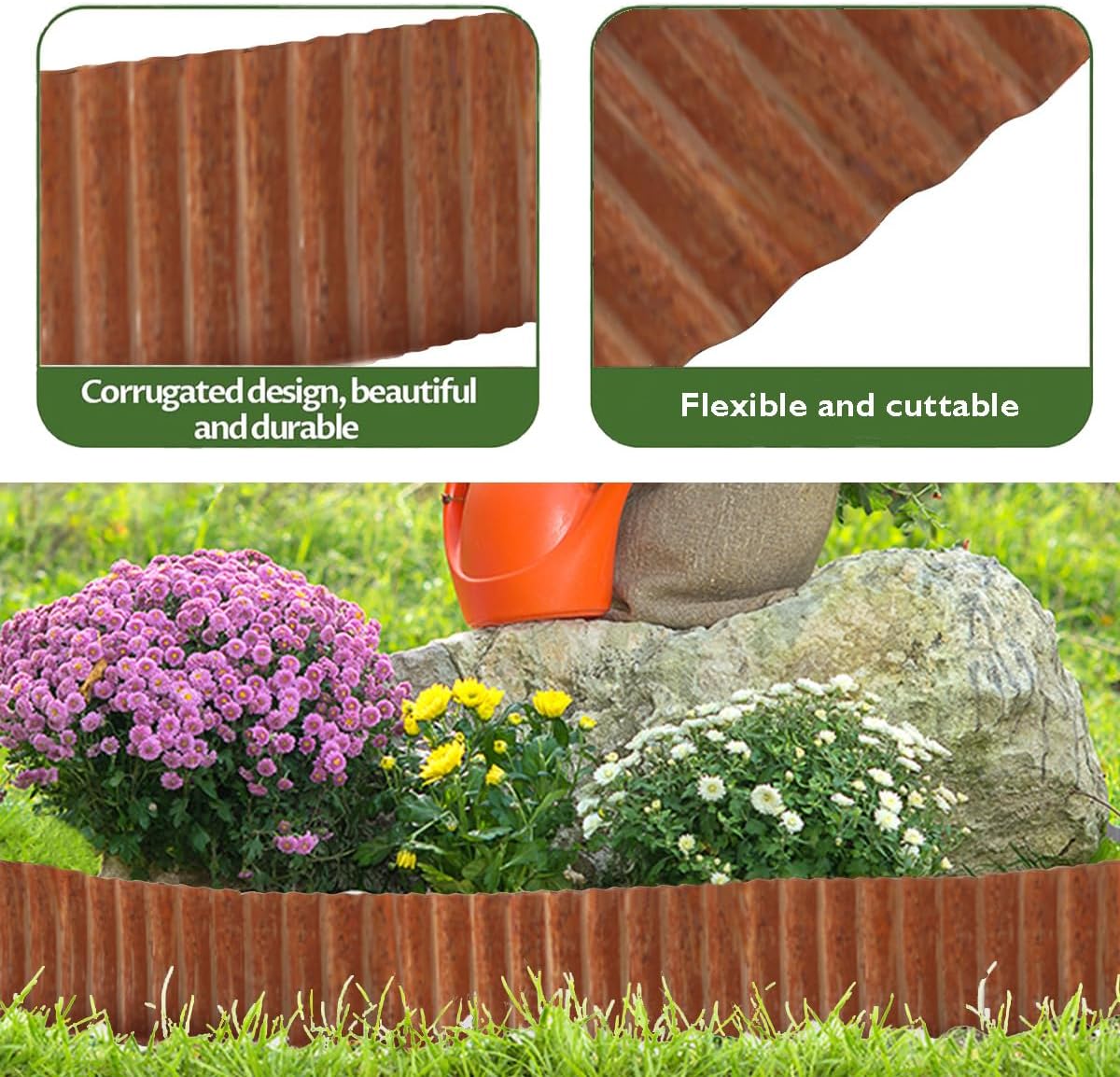 Landscape Edging Border 12inch x 20ft- Corrugated Metal Garden Edging - Lawn Edging Borders - Galvanized Edging Long Strips Yard Border for DIY Flower Beds, Plants, Walkways-Brown