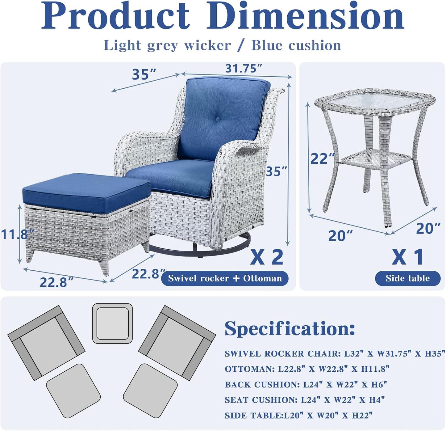 Outdoor Swivel Rocker Furniture 5 Pieces Patio Wicker Furniture Sets, Rattan Patio Swivel Glider Chairs with 2 Ottoman and Glass Side Table