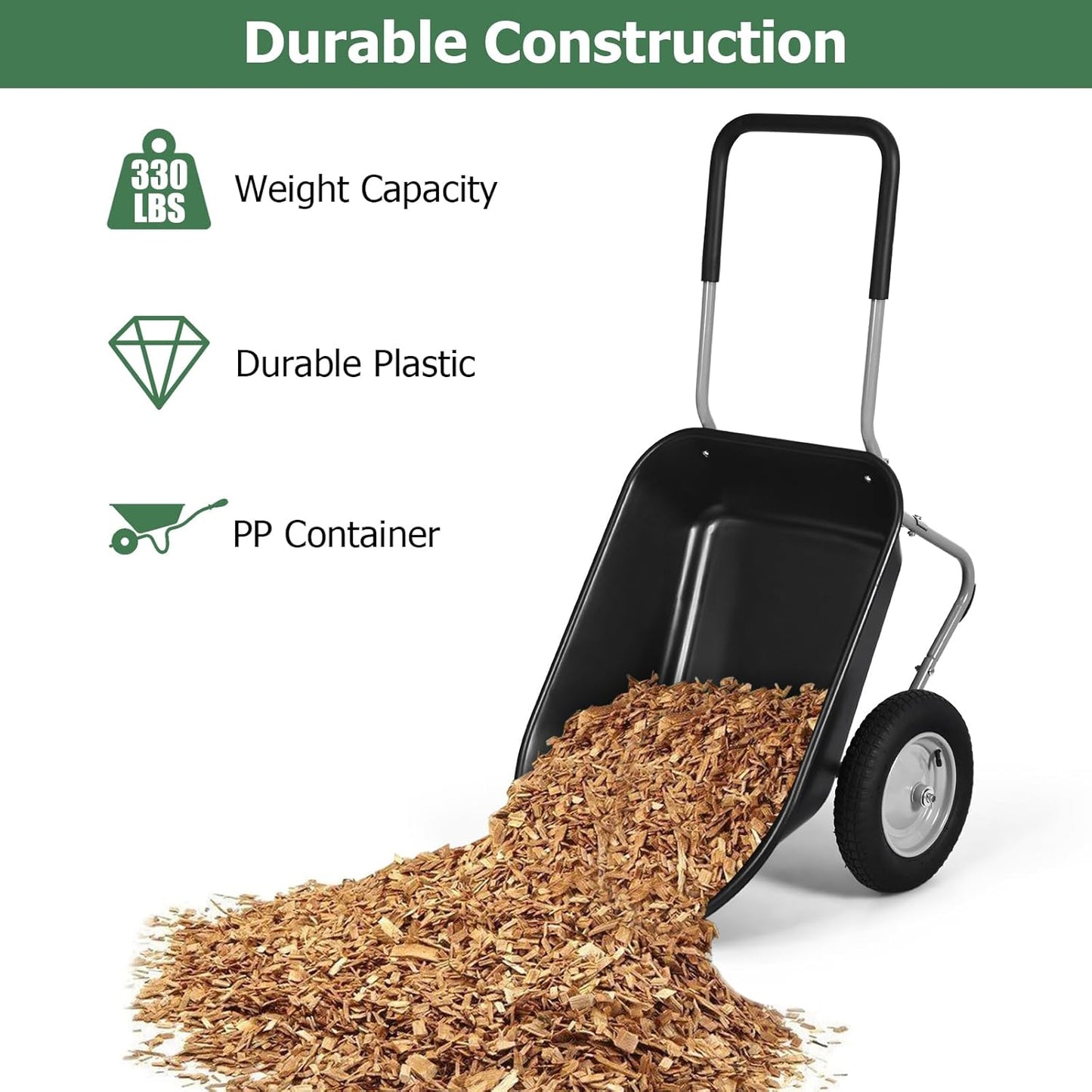 ERGOMASTER Dual-Wheel Wheelbarrow, Home Utility Garden Cart, 330 LBS Capacity, Large Heavy Duty Yard Cart for Gardening & Planting, Lawn, Farm, Construction Site, Black