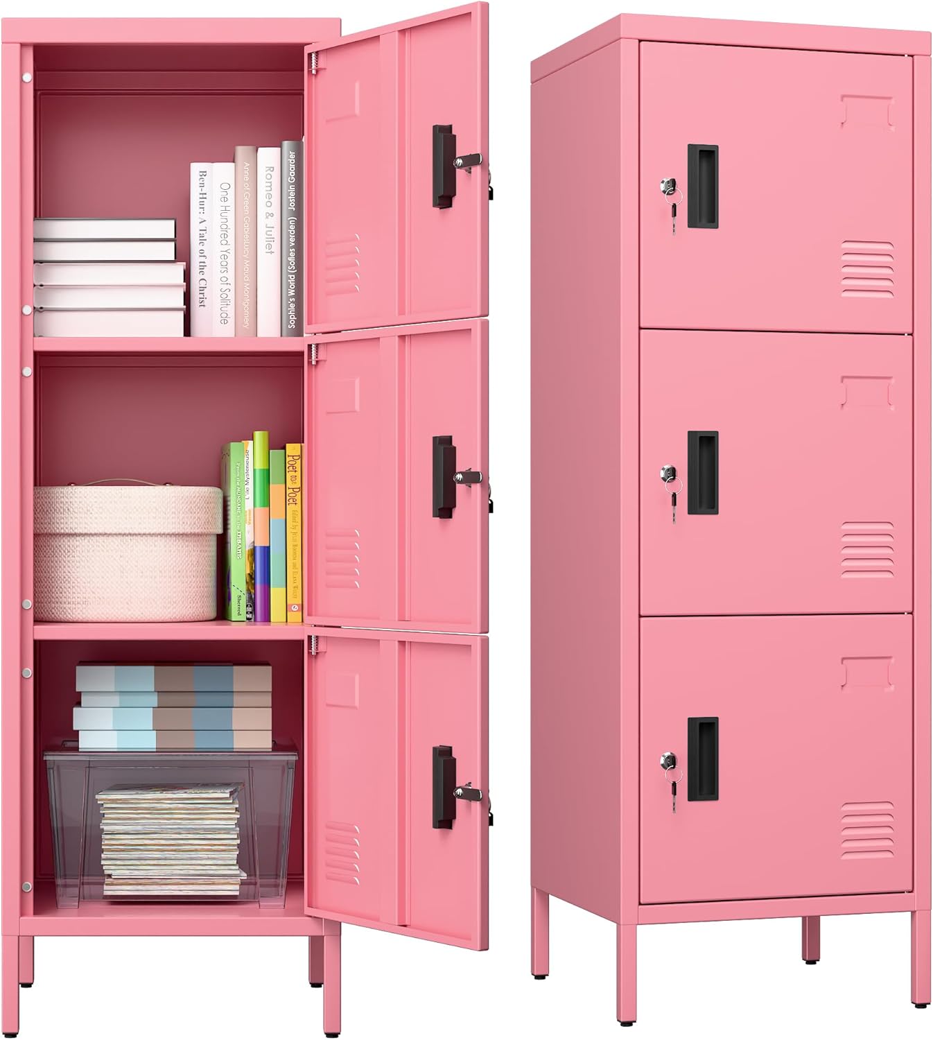 METAN Metal Storage Employees Locker with 3 Lockable Doors,47''H*16''W*16''D Locking Storage Cabinets for Small Spaces,Home,School,Gym,Assembly Required,Pink