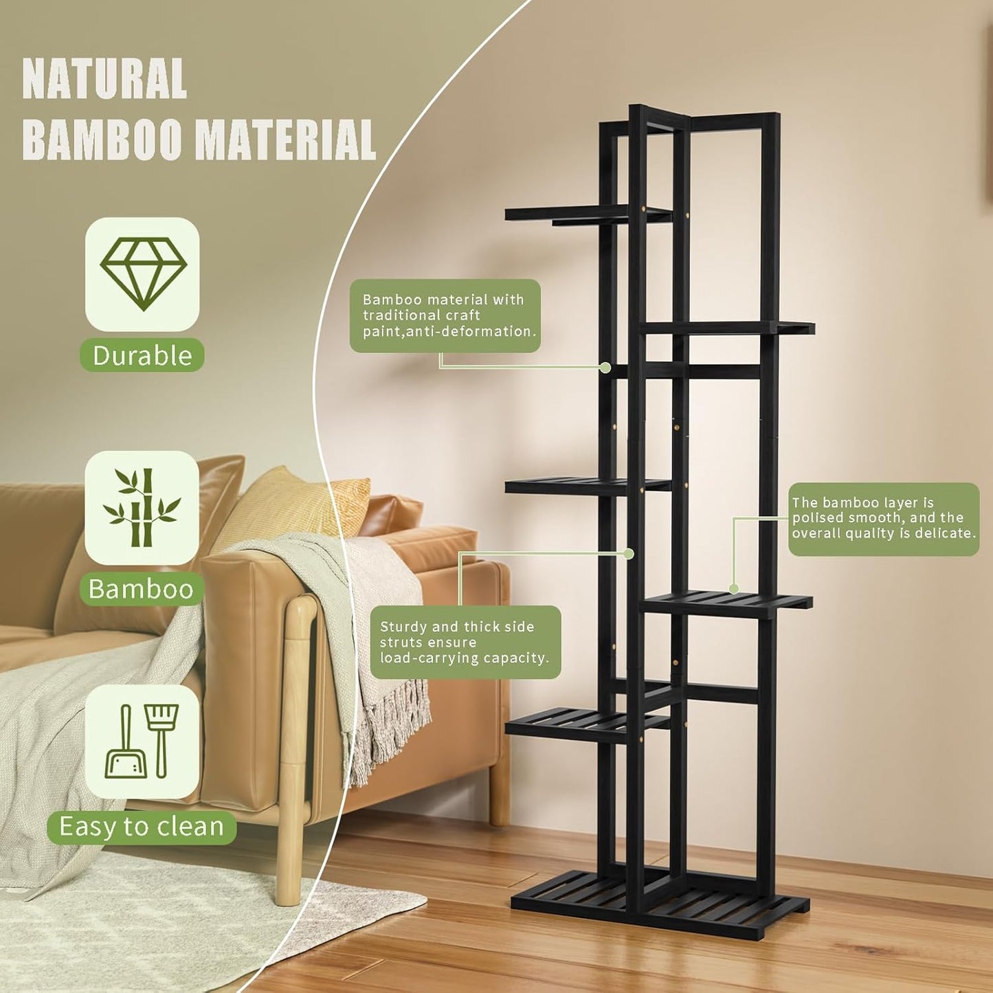 6 Tier Bamboo Plant Stand Indoor, Wood Tall Flower Holder Corner Tiered Plant Shelf for Multiple Plants (Black)