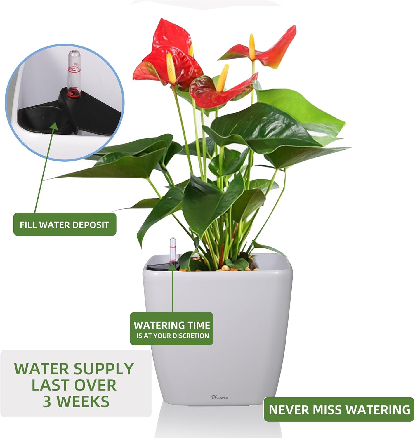 Dexceder 15x14 Self Watering Planter with Wheels Indoor Outdoor, Inner Mat Design, Thickened Large Floor Standing Flower Plant Pot with Water Level Indicator (White Matte)