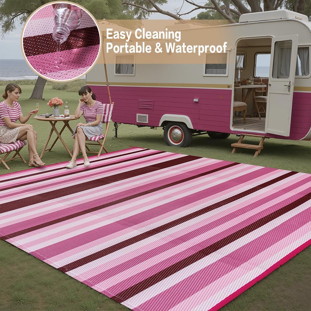 Outdoor Waterproof Rug 6'x9' Plastic Straw Rugs Washable Reversible Floor Mat Pink Stripe Carpet for Camping RV Deck Entryance Porch Picnic Balcony Beach Backyard