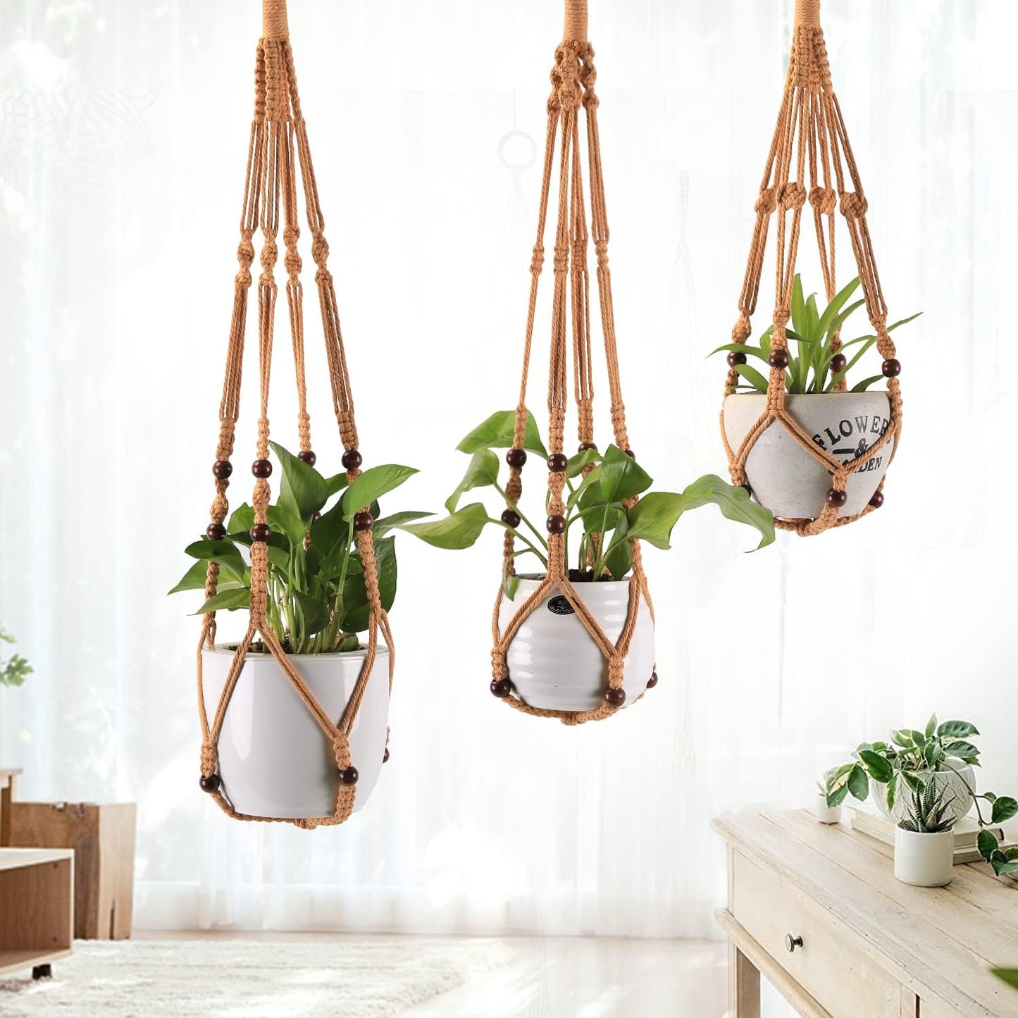 3-Pack Macrame Plant Hanger Indoor - Hanging Planter Basket for Indoor Outdoor - Decorative Boho Plant Holders Set with Beads - Ceiling Flower Pot Holder with 6 Hooks - 35"/30"/24" Brown