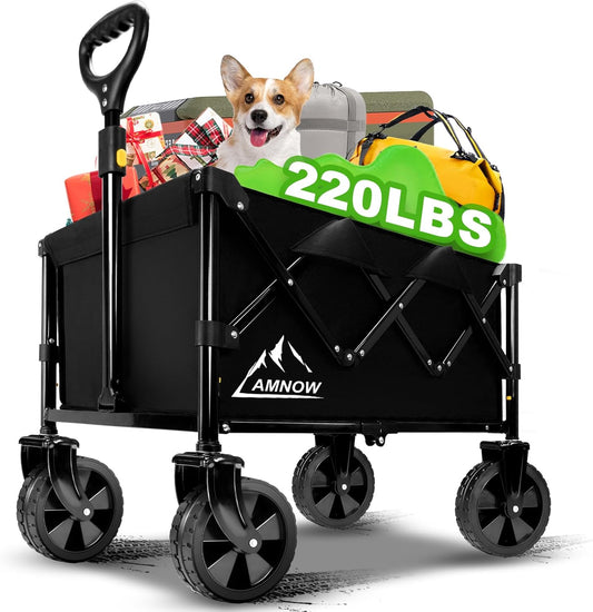 Collapsible Wagon Cart with Wheels Foldable, Folding Wagons Carts with Silent Universal Wheels, Large Grocery Cart On Wheels, Heavy Duty Utility for Shopping Beach Sports Fishing Camping, Black