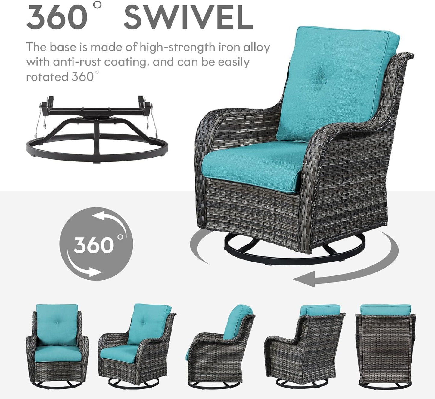 Outdoor Swivel Rocker Wicker Chairs Set of 3, High Back Swivel Patio Chairs Wicker Furniture Set, 2 PCS Rattan Swivel Rocking Chair with Side Table, Turquoise