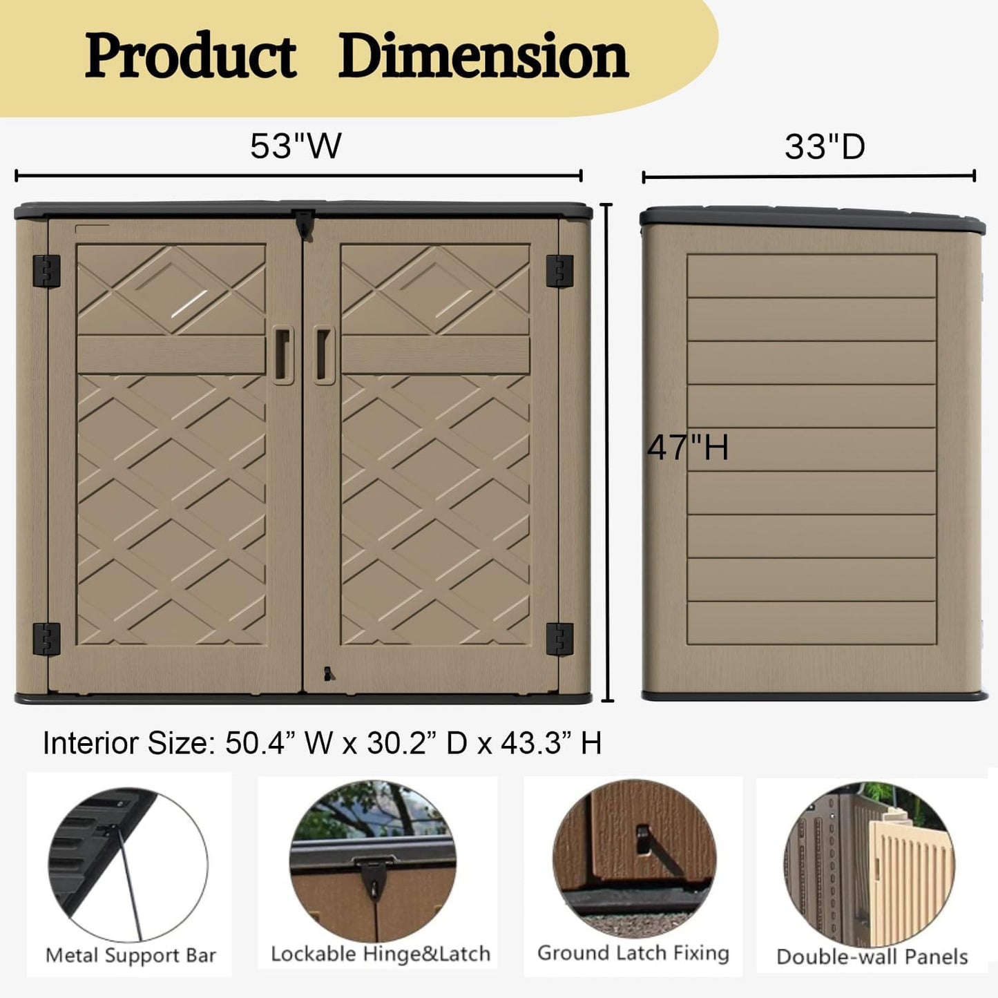 ZZM Large Outdoor Storage Shed, 48 Cu Ft Resin Versatile Storage Cabinet for Patio Accessories, Trash Cans & Garden Tools, Durable Horizontal Storage Box with Lockable Lid (Coffee)