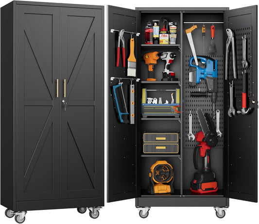 31.5 in Wide Garage Storage Cabinet, Metal Tool Cabinet with 4 Adjustable Shelves, Garage Storage System with Lockable Door for Offices, Gyms and Pantries, Black