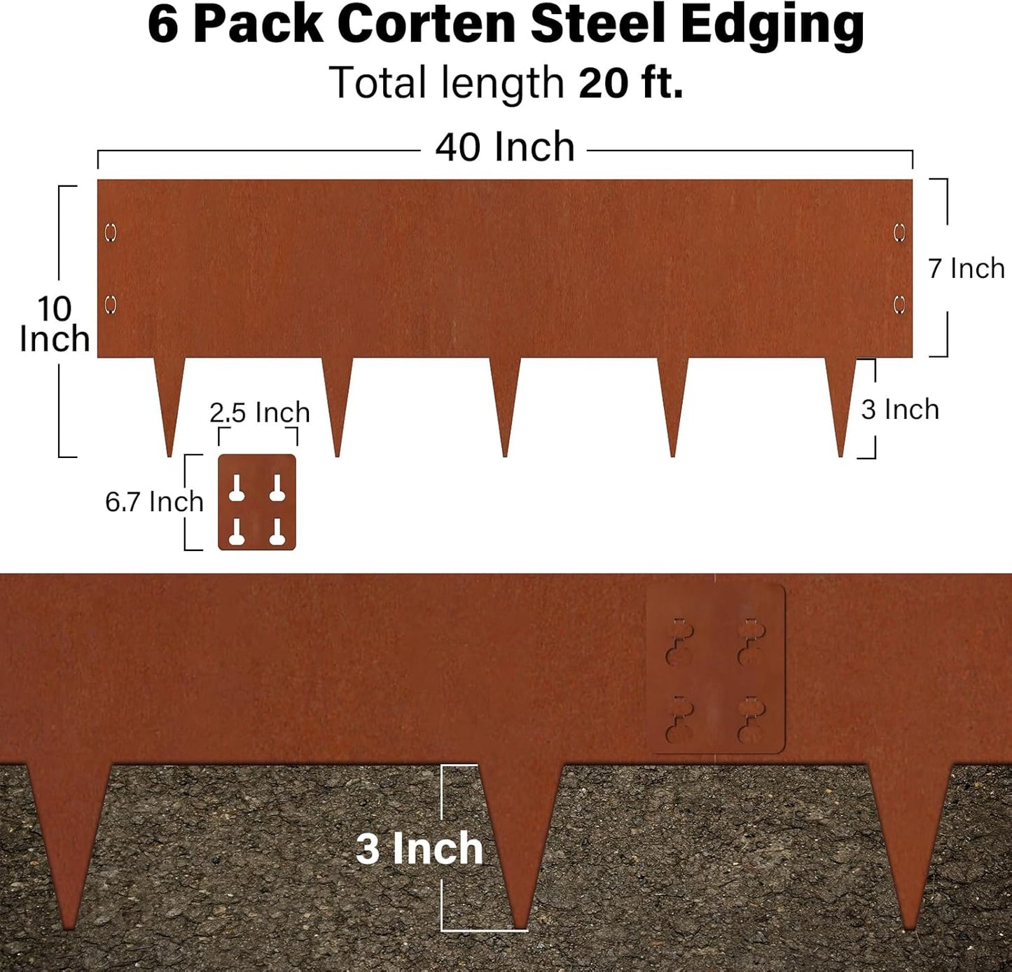 Co-rten Steel Landscape Edging 10" H x 40" L, 6 Pack Heavy Duty Metal Garden Edging, 20Ft Pre-Rustyed Steel Edging, Bendable Metal Edging for Landscaping, Yard, Tree, Flower Bed