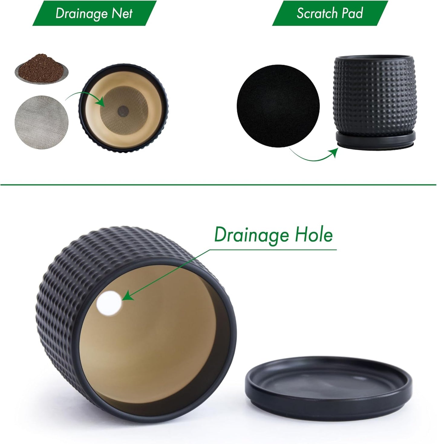 D'vine Dev 4 Inch Ceramic Beaded Stoneware Planter Pot - Flower Pot with Drainage Holes and Saucers for Indoor Succulent Plants or Flowers, Ebony Matte, 27-C-Z-6